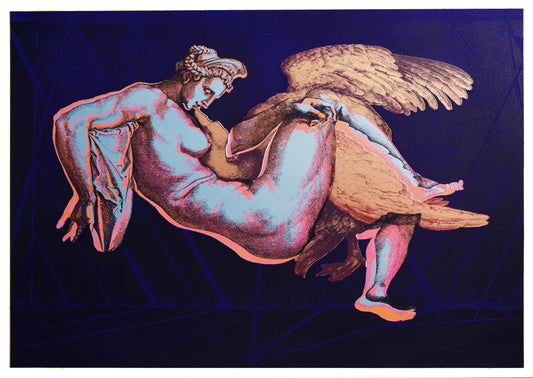 Entdecke die zeitlose Schönheit von 'Leda in Love': Zeus verführt als Schwan die bezaubernde Leda. Eine faszinierende Nacht mit Folgen. Harmonischer Blickfang.