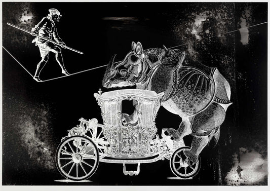 Travelling Rhino: Rhinocerus reist in barocker Kutsche! Limitierter Fine Art Print in Schwarz